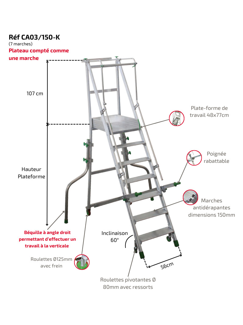 Escabeau Aluminium Roulant avec Stabilisateurs Castiglia schéma